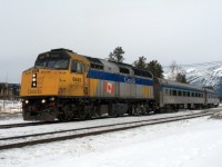 VIA's train #5 the westbound "Skeena" departs Jasper on a wintry February day.