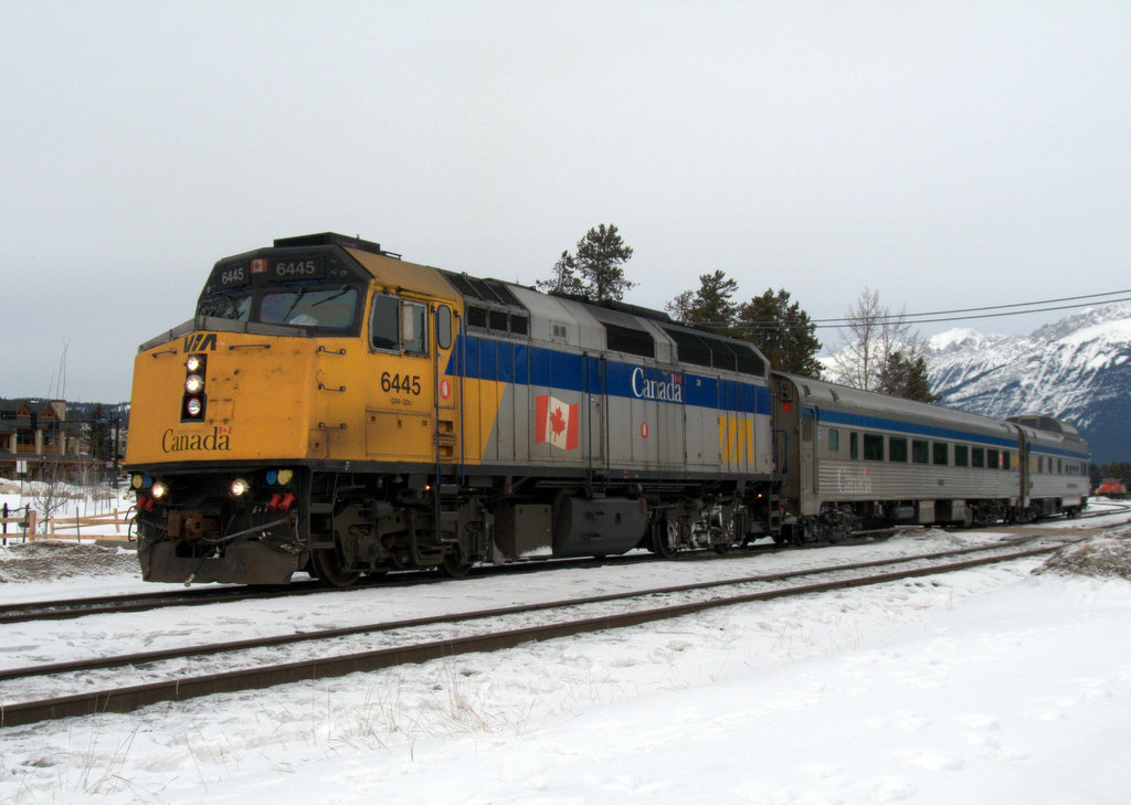 VIA's train #5 the westbound "Skeena" departs Jasper on a wintry February day.