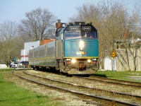 VIA (F40PH-3)6443 arriving Stratford Ontario and on time.  8:30am Tuesday, April 23rd 2013 f4.5 x 279mm.