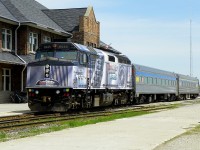 VIA (F40PH)6445 in a 'Coors' dress, arrives at Stratford Ontario as #85. 1.17pm June 5th 2011. f4.0 x 85mm.