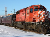 CP SD40-2 6080 is the power for the Track Evaluation Train parked on Depot 1 track in Thunder Bay for the weekend.   Note the camera mounted on the centre of the cab roof and the feed wire running down alongside the cab and back towards the evaluation car. The train continued eastward on Wednesday am.