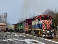 MMA Train 1 combined with empty oil train at Cookshire on a cold, windy April 3, 2013