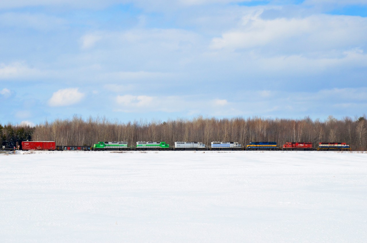 MMA Train 2 has just left Farnham, QC with seven locomotive and twenty five cars, the four trailing units are lease units that arrived from St Luc that morning.
