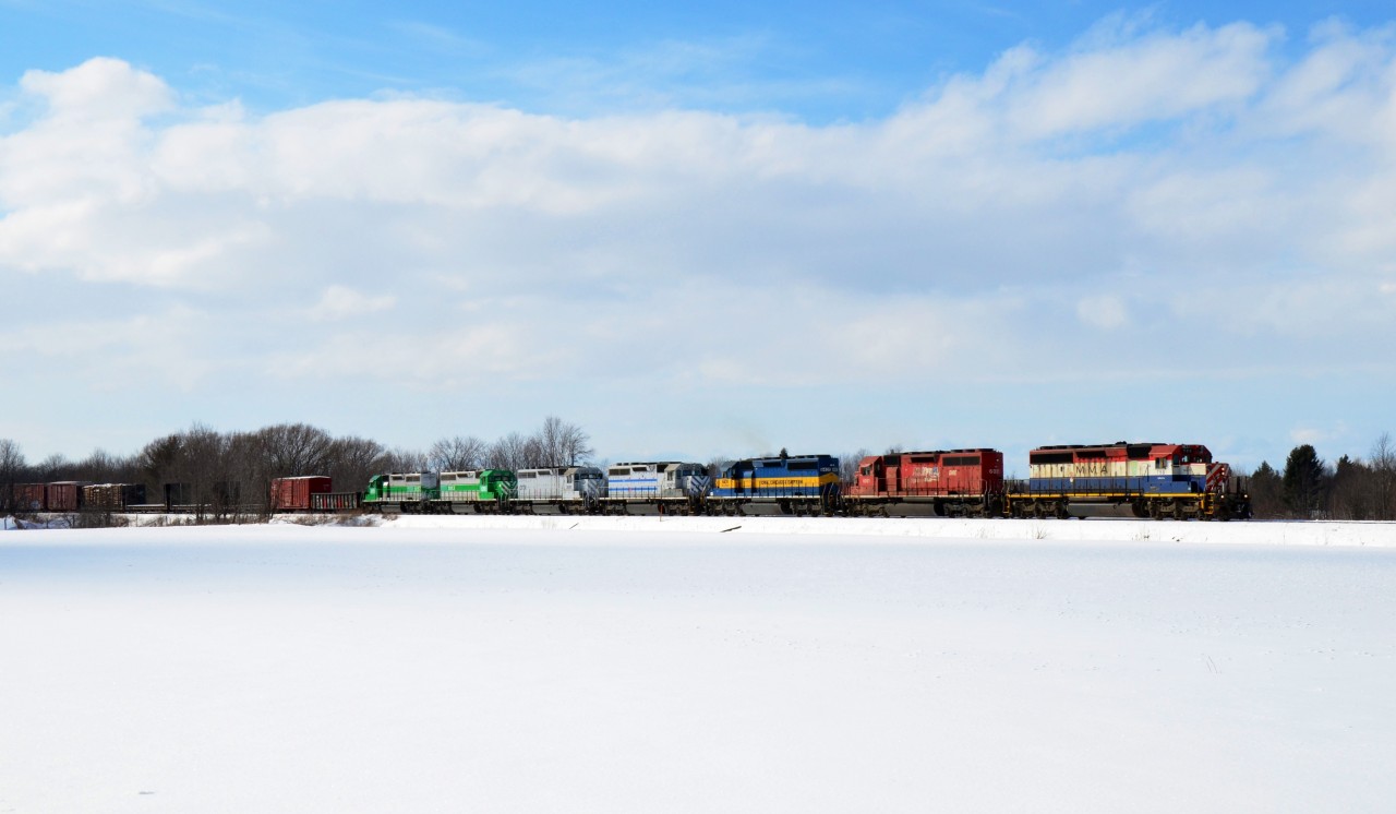 MMA Train 2 has seven units leading 25 cars, trailing four units are lease power that arrived from Montreal that morning.