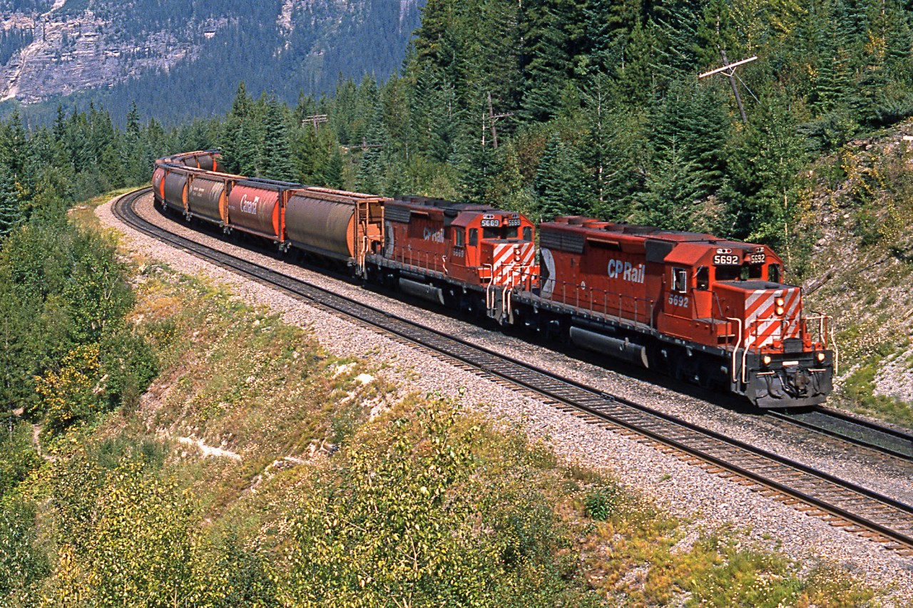 SD40-2's CP 5692  and 5669 ease a grain train down the "Big Hill" towards Field.