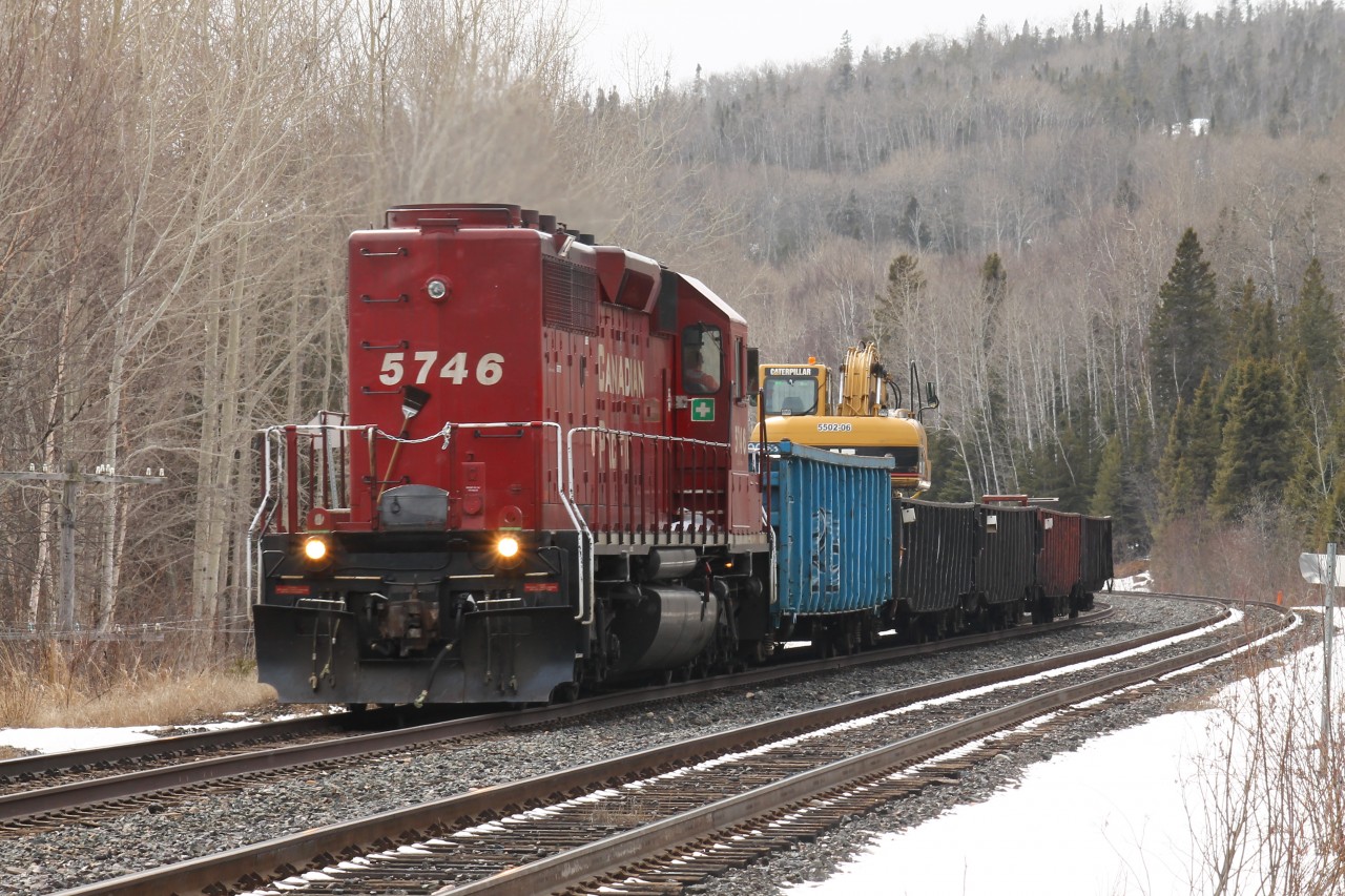 Work extra 5746 rolls eastward on the mainline at Pays Plat after spending the day unloading trackside materials at various locations on the Nipigon subdivision