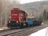 Work extra 5746 rolls eastward on the mainline at Pays Plat after spending the day unloading trackside materials at various locations on the Nipigon subdivision