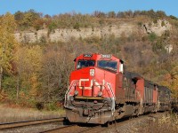 CN C44-9W #2637 leads a westbound freight up the Niagara Escarpment at Dundas, ON. For more pics from my collection see northamericabyrail.info