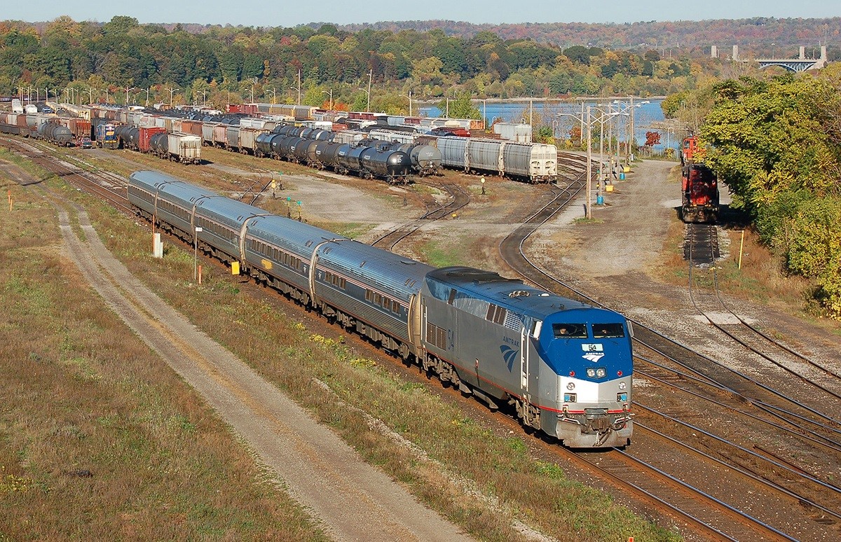 Amtrak P42DC #54 leads the eastbound Maple Leaf through Stuart Street Yard in Hamilton, ON. For more pics from my collection see northamericabyrail.info