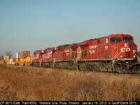 Train 282, with CP 8813, rolls through Puce, Ontario in the early morning light with 2 SOO SD60's in tow bound for rebuild at CADRail in Lachine, QC.