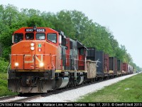 CN 5363 leads train 439 down VIA's Chatham Subdivision through Puce, Ontario with a short train.  The majority of the traffic on this train will be handed over to the Essex Terminal to deliver to customers on their line.