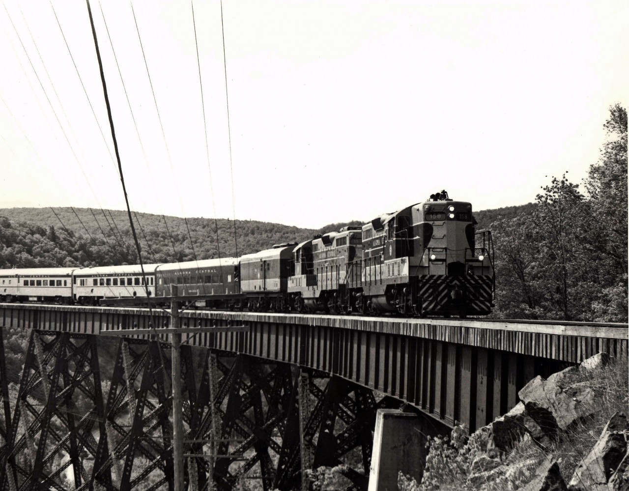 Algoma Central Railway Number 1 crossing trestle over the Montreal River with GP7m 158 and 157 June, 1980.