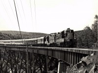 Algoma Central Railway Number 1 crossing trestle over the Montreal River with GP7m 158 and 157 June, 1980.