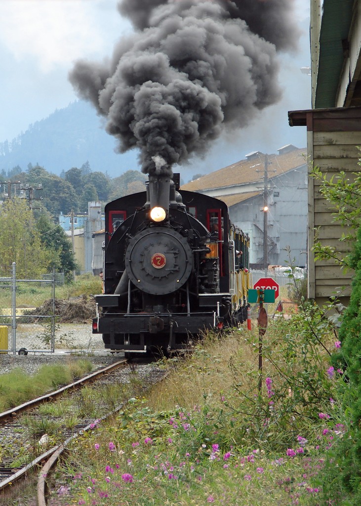 Alberni Pacific Railway 1929 built Baldwin 2-8-2 #7 puts on a good show departing Port Alberni for the McLean Mill National Historic Site.