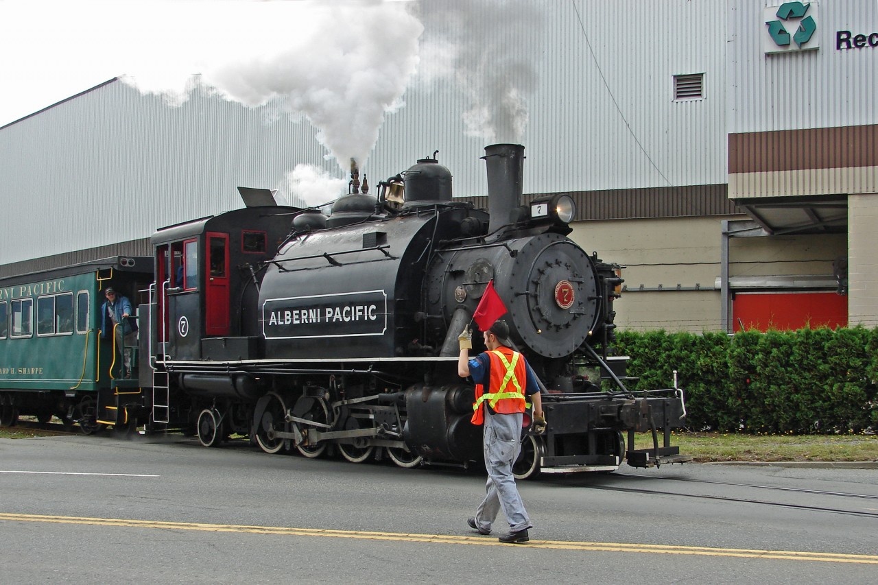 Grade crossing control the old fashioned way!  1929 built Baldwin 2-8-2ST crosses Stamp Avenue in Port Alberni