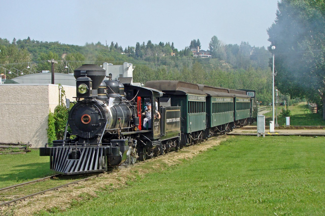 1919 built Baldwin 2-6-2 liveried as Edmonton Yukon and Pacific #107 makes its way round the Fort Edmonton Park circuit.  The EY&P was a subsidiary of Canadian Northern and existed in the Edmonton area from around 1902 to 1909.