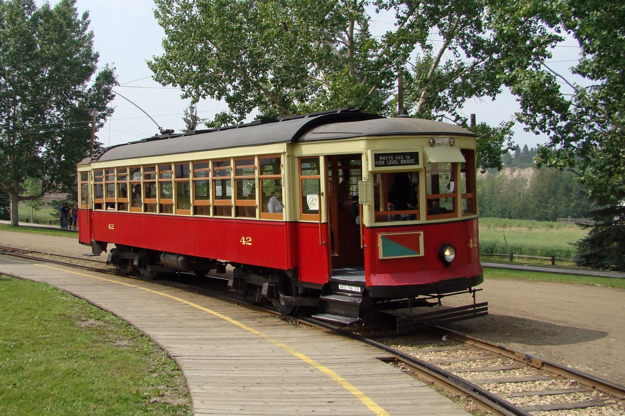 Streetcar #42, preserved and operated by the Edmonton Radial Railway Society, at the terminus in Fort Edmonton Park. The car was built by the St. Louis Car Company in 1912.