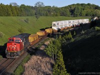 Making good time up the hill, CN 2197 leads a 4500' 149 through Beare. 1917hrs.