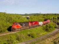 A foreign leader to the Hamilton Subdivision, CN 5766 leads Sudbury-Buffalo manifest 246 down the Niagara Escarpment on the 'Cow Path' at Hamilton West in absolutely brilliant morning light. The story behind the CN leader is that it is using up some remaining horsepower hours, none-the-less it made for something interesting to shoot and left a group of railfans standing there giddy.