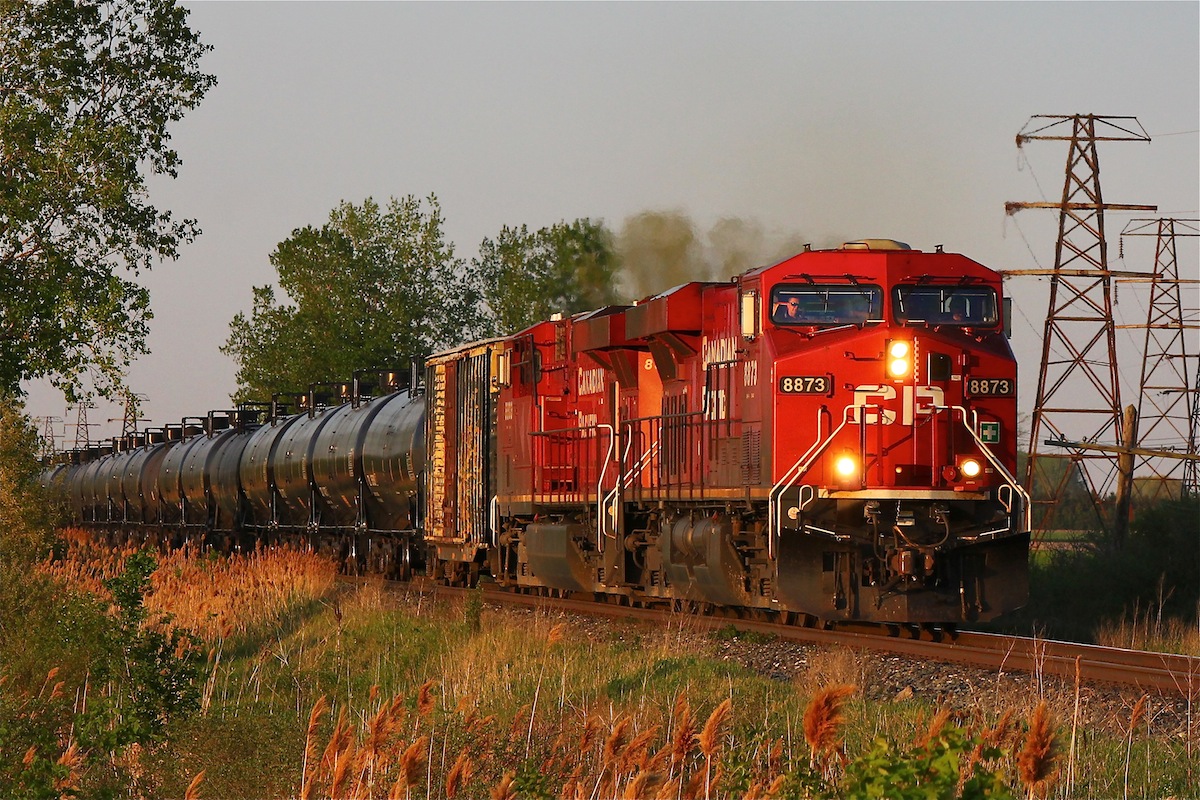 CP 609 heads westward through Ringold as the sunset lights the scene and nature frames the train.