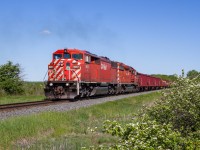 With blossoms in full bloom spring is evident in the small community of Vinemount, Ontario as CP 9007 and 5949 roll through town with a unit Herzog ballast train. This train only added to the list of oddities that made their way across the Hamilton Subdivision on this ideal late May day.