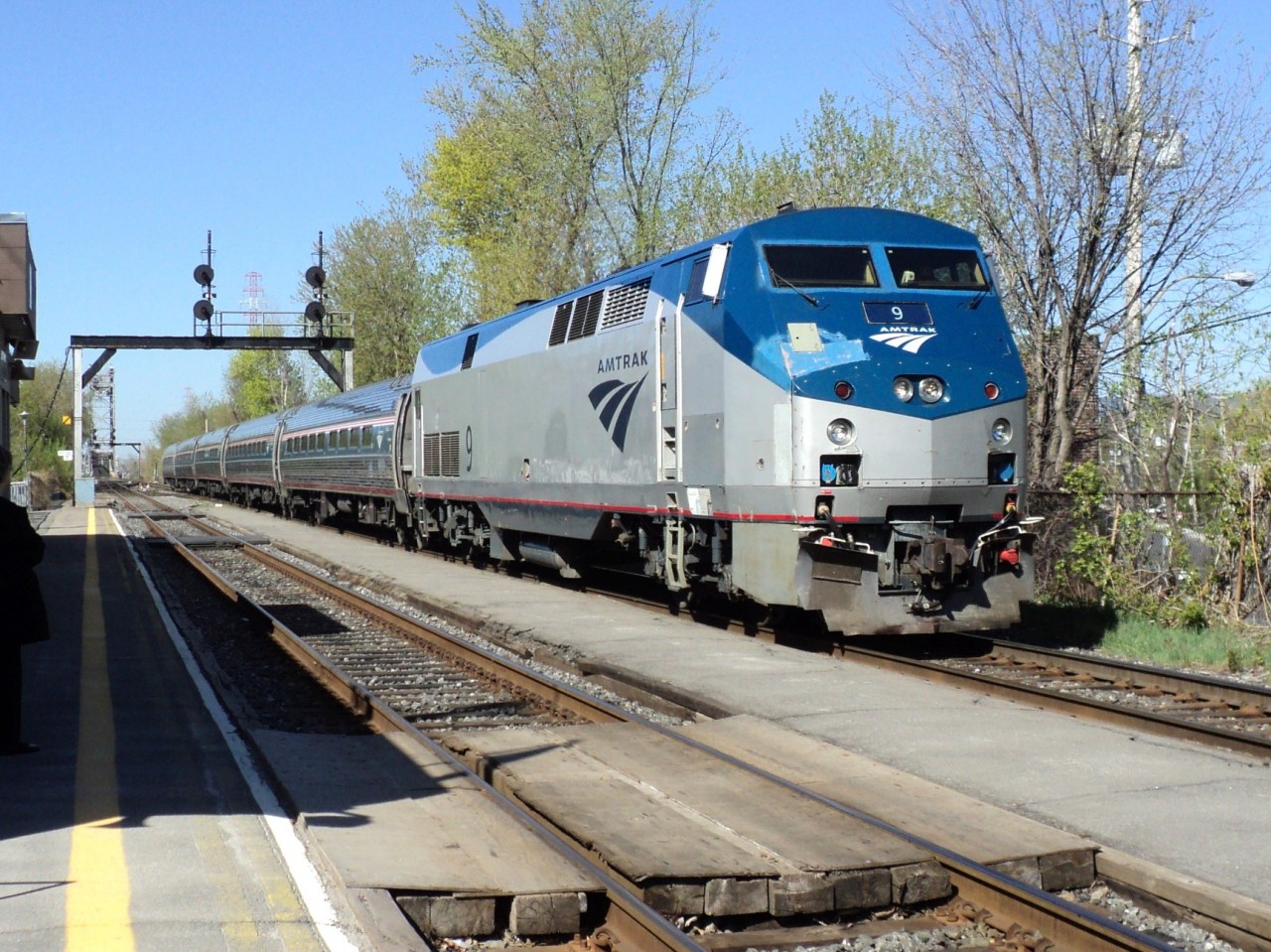 AMTRAK loco 9 P-42-DC with front modification not finish going to Albany New York where they change crew and change loco and  keep on going to NEW YORK on rte 68 Adironddack