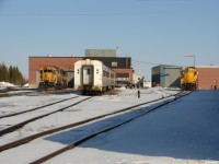 ONT 1801 and 1800 sit in the North end of track 3, while ONT 1603 sits in the coach yard on a beautiful Sunday night in Cochrane.