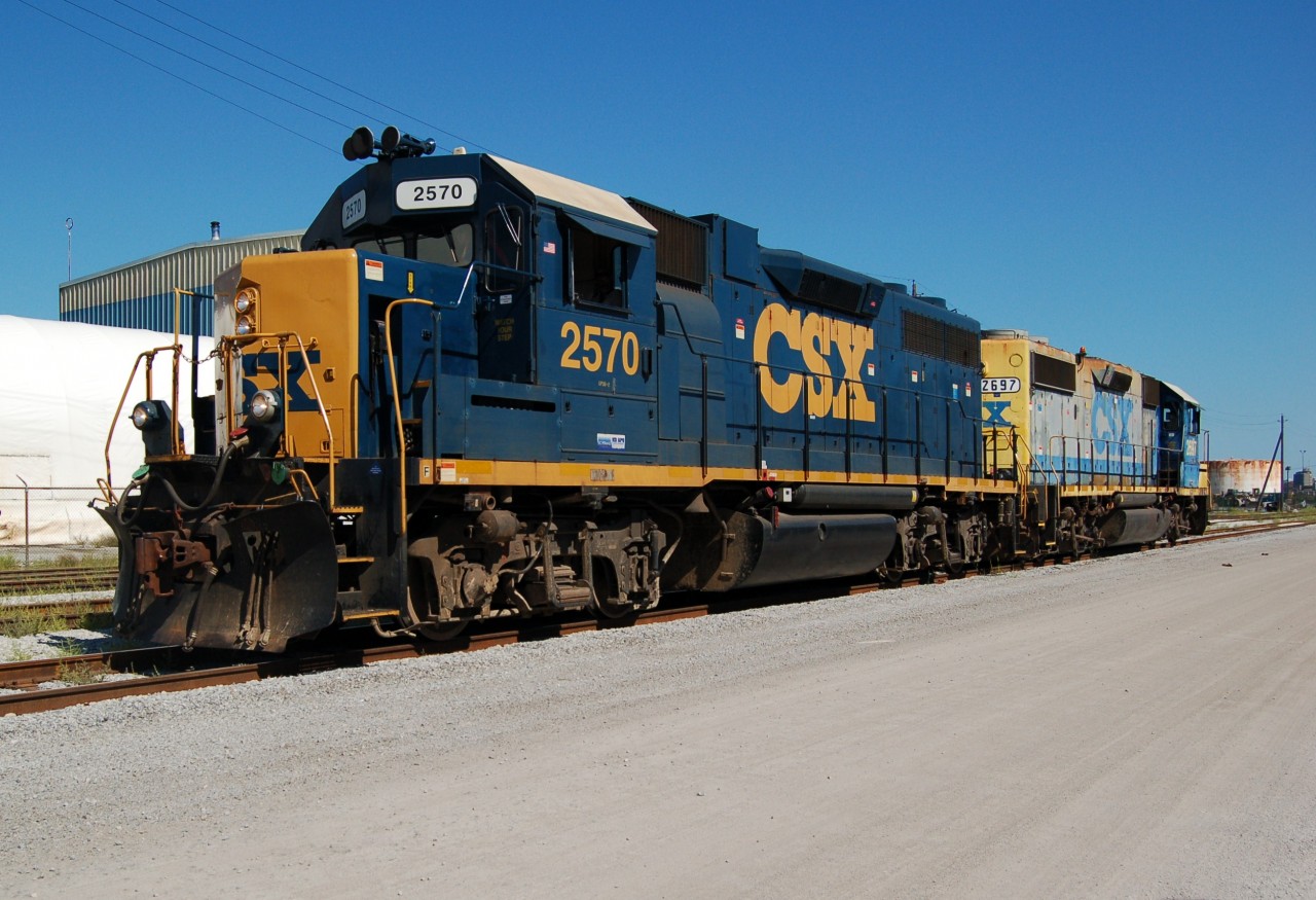CSX 2570 and 2697 are about to enter the yard at Sarnia to pick up the daily transfer train to CN.