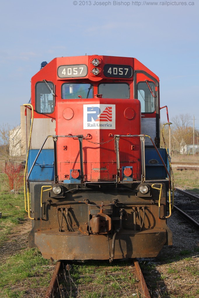 RLK 4057 sits idle at Hagersville on the last day of April 2013.  This unit is used for the daily (except weekends) train SOR 596.