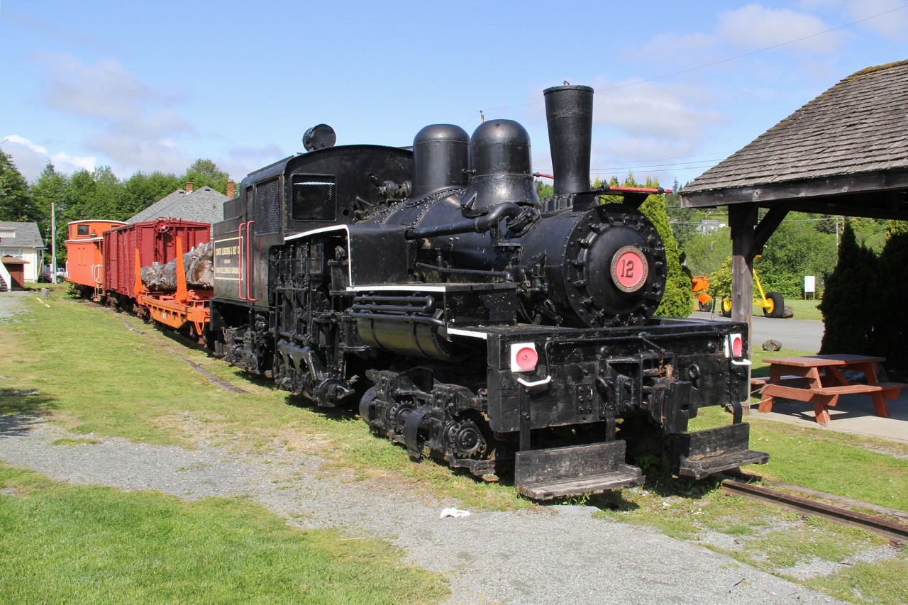 Comox Logging and Railway Company No. 12, a 1927 built Lima 50-Ton 2-Truck Shay on display at the former ENR station in Lake Cowichan.