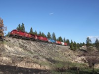 CP AC4400CW 9625, CP ES44AC 8855, CEFX AC4400CW 1007 and CP SD40-2 6030 lead a eastbound freight from Cranbrook.