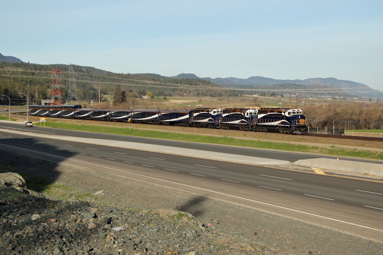 GP40-2L(W) 8011, GP40-2 8016 and GP40-2L(W) 8015 lead the Calgary section of the Rocky Mountaineer eastbound on the Shuswap Sub.