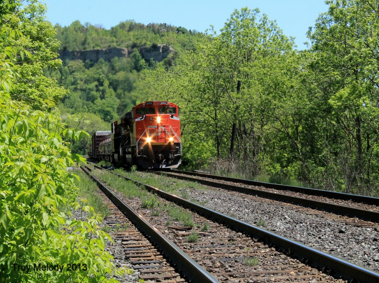 CN 255 carrying mixed freight notches straight to 8 at the bottom of the hill near the site of the old Dundas station. 255's power consists of CN SD70M -2 8964, and CN ES44AC 2329. Over the radio we heard that within the hour, five other trains would be in the mile 48 block. It turned out to be a quite an interesting show.