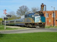 Sunday morning sidewalk - VIA (F40PH-3)6425 arriving at Stratford Ontario 8.30am Sunday, May 5th 2013. - f5.0 x 100mm - 1200pxls.