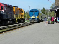 Splash of orange - as VIA (P42DC)911 arrives at Stratford Ontario. 8:30am Monday, May 6th 2013. f5.0 x 129mm.
QGRY 2303, RLK 4095 trailing forty-two cars holding as wb for Goderich, cleared at 9am.