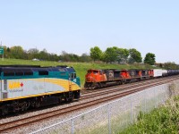 VIA 73 scoops a very early CN 435 as they pull down the yard lead to Snake. On Sundays, VIA 73 normally hauls the next morning's 82 equipment set to London, however on long weekends it goes down on the Monday. Today's CN 435 had 57 loads of Saskatchewan light crude oil on the head end that would be set off at Brantford for SOR to bring to the IOL Nanticoke refinery.
