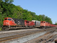 CN 5766 leads CP train 246 south towards Buffalo, New York after a crew change at Kinnear Yard in Hamilton, Ontario.