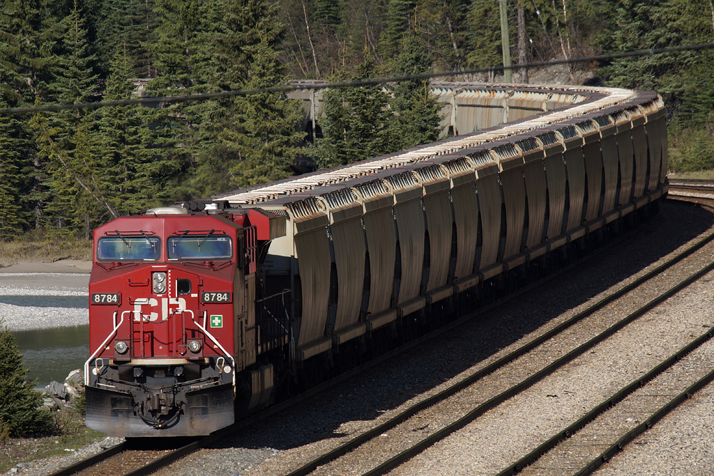 The remote on an eastbound potash train suns itself at the west end of Field yard.