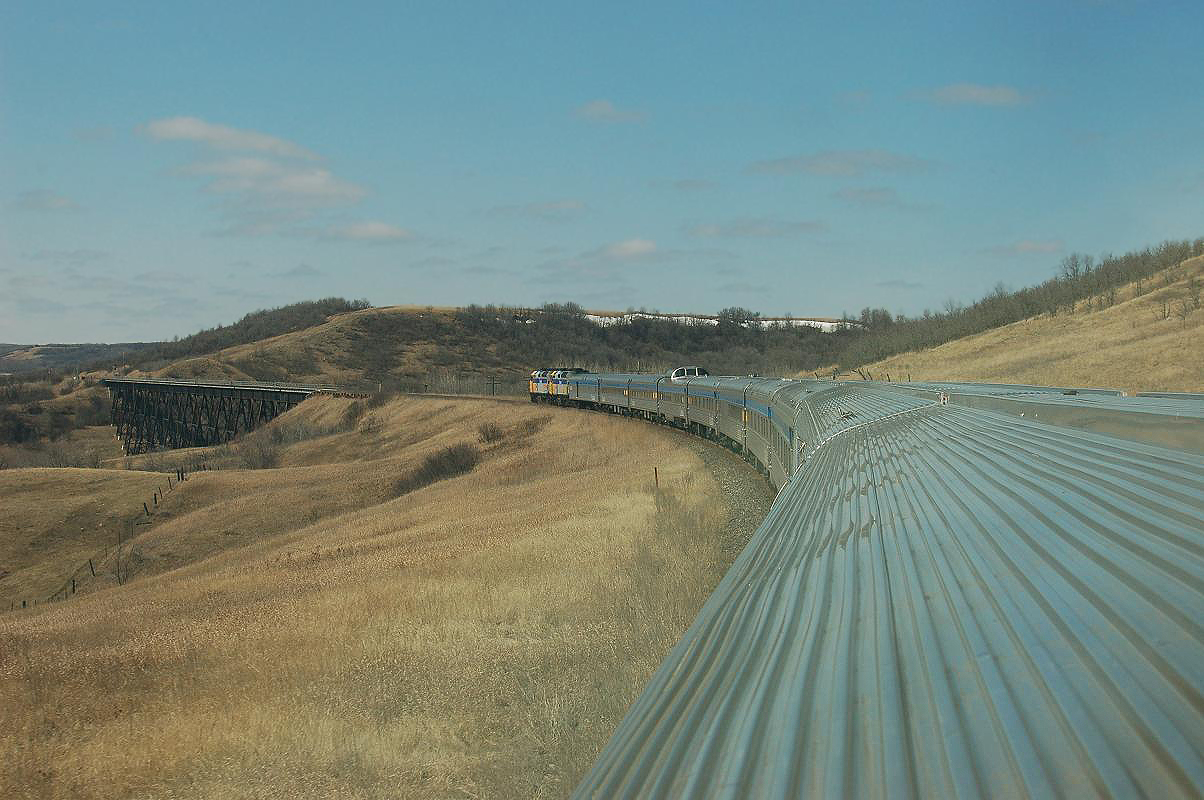In the dome of the 'Park' car on the westbound Canadian, approaching a trestle in the Qu'Appelle River Valley. For more pics & video from my collection see northamericabyrail.info