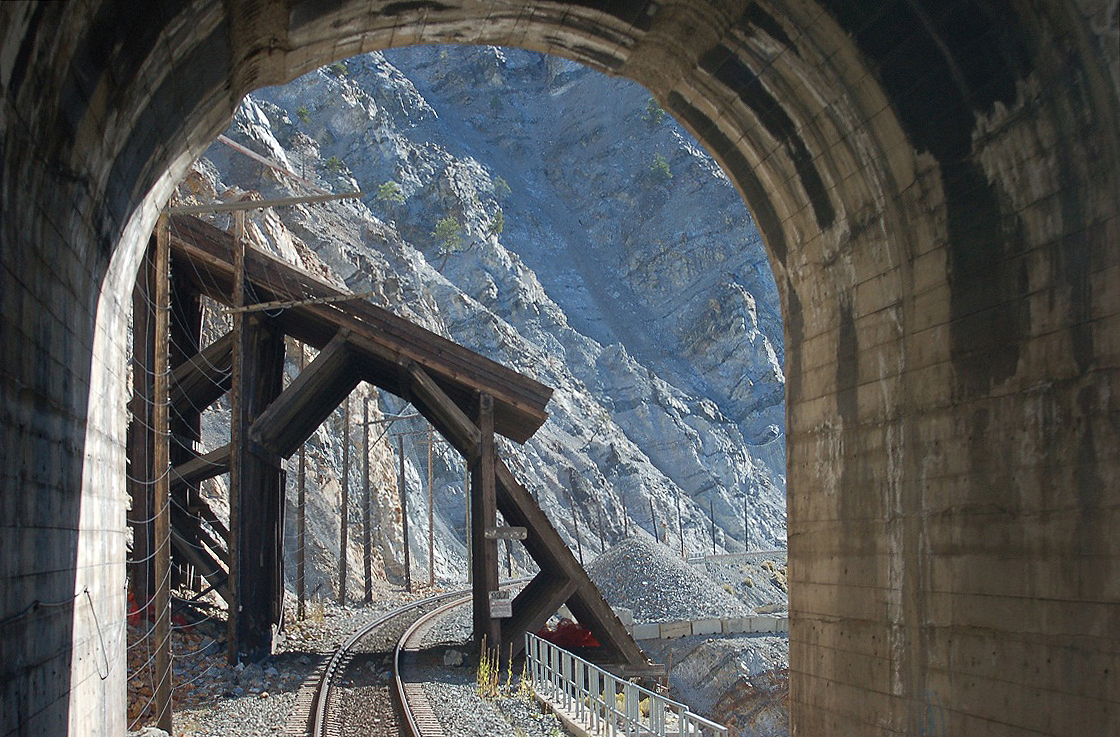 View from rear of westbound Rocky Mountaineer, passing through a tunnel near Lasha, BC. For more pics & video from my collection see northamericabyrail.info