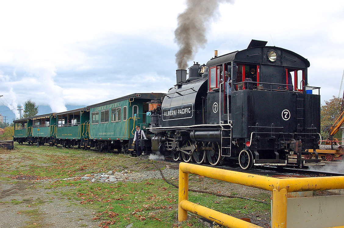 Alberni Pacific Railway tour train being fired up outside the engine shed at Port Alberni, star of the day was 2-8-2T type steam locomotive #7. For more pics & video from my collection see northamericabyrail.info