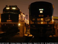 It's the wee hours of the morning, about 2:00a.m., and I have to wait about 1 hour before I can finish work on my servers at work.  What to do, what to do?  Let's head down to the VIA station and do some night shots.  Here 6401, with train #72, and 905, with Train #70, sit quitely waiting to head their trains to Toronto later in the morning.