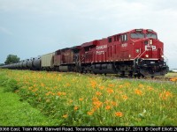 CP 9368 departs Begin/End CTC Walkerville, with a clearance to Begin/End CTC London, with train #608.  With bad weather looming in the west the lilies add a little color to this shot making up for the lack of sunlight.