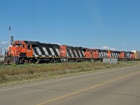 Not typical for CN, lots of power on this westbound freight passing Clover Bar in 2006.  Three GP38-2's 7518, 4784, 4767 and bringing up the rear GP40-2's 9675 and 9515.  9515 is now sold to Western Rail Link.