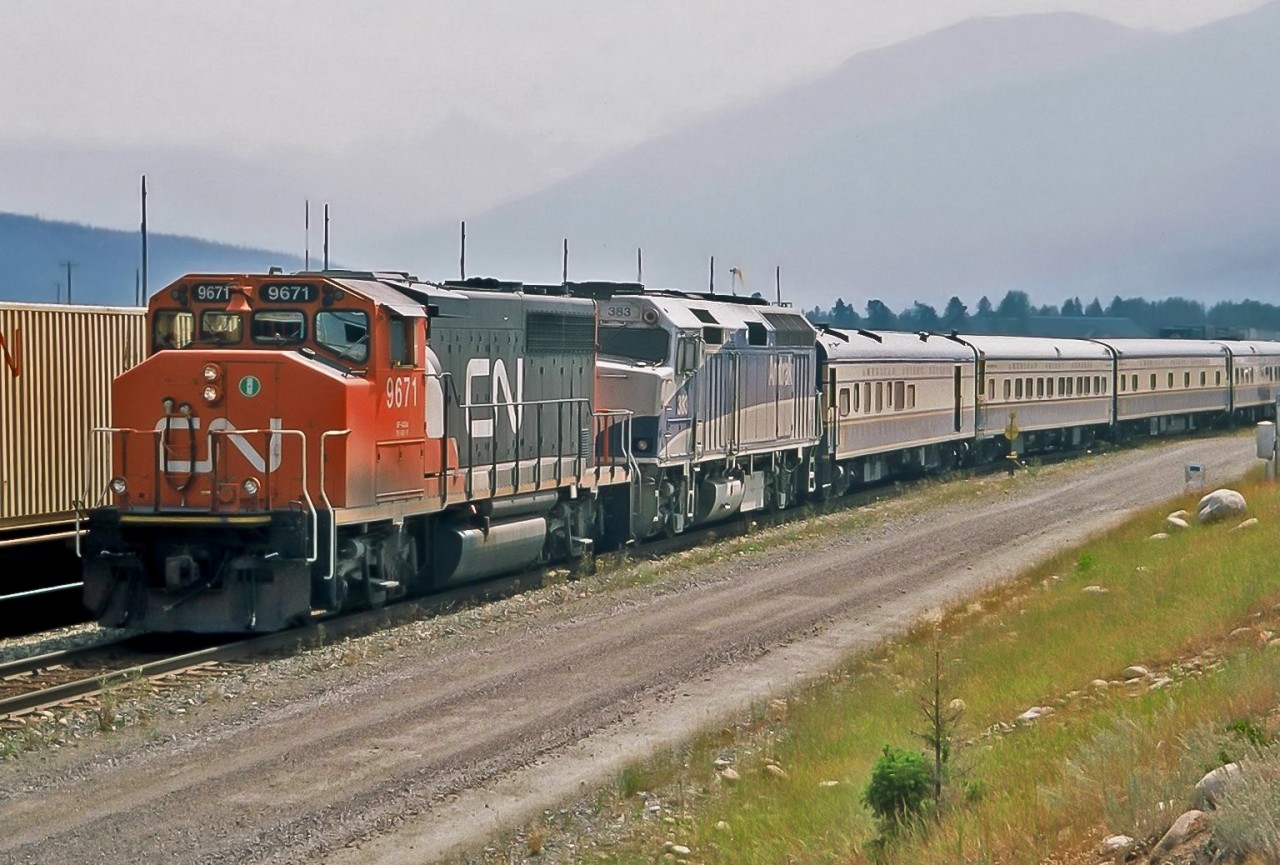 Back in 2003 when the American Orient Express ran in Canada it is seen at Jasper with GP40-2 CN 9671 and Amtrak F40PH 383