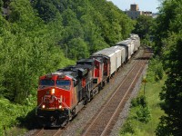 CN 435 departing Brantford with CN 2339, IC 2725, CN 4791 and 29 cars