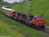 "We all started as something else". Former Santa Fe and Oakway Leasing units, now CN 2197 and 5410 respectively, lead 373's train up the York Sub and under CP at Beare. Thanks for the heads-up, Delic. 1252hrs.