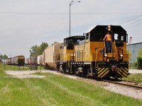 ETR 104 & 107 pull 30 loaded CSX hoppers out of ADM on a beautiful late spring day. This new business comes from CSX, which have been sending unit trains to ADM about twice a month for the past few months. This added business, plus windmill extras and other added freight have kept this railway busy, and hopefully will do so for some time to come.