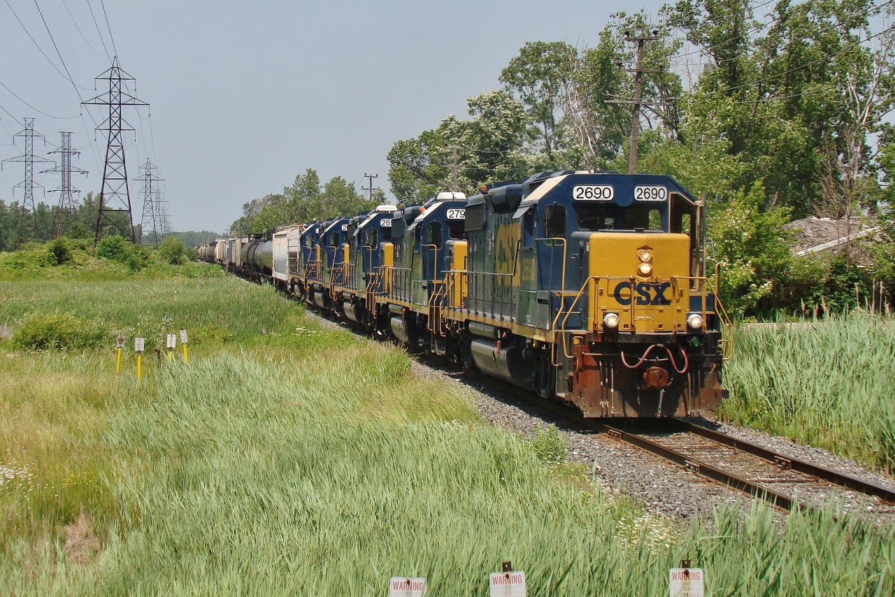 Five CSX GP38-2's head south down CN's St. Clair spur with a long transfer. With six locomotives on the property and a long transfer both ways, it looks like traffic is staying pretty busy on CSX's Sarnia sub.