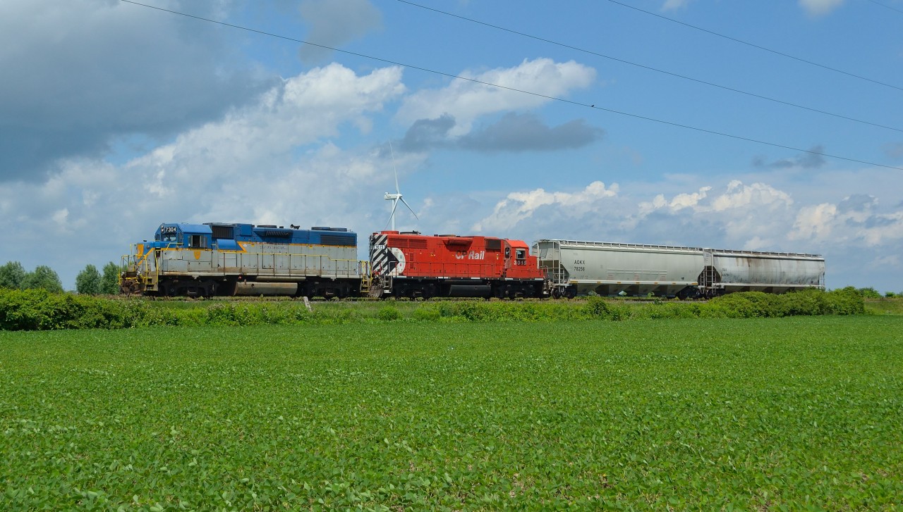 CP T29 passes westbound thru Haycroft on its way back to Walkerville with D&H 7304 on the point and its new teammate CP 3015 trailing.